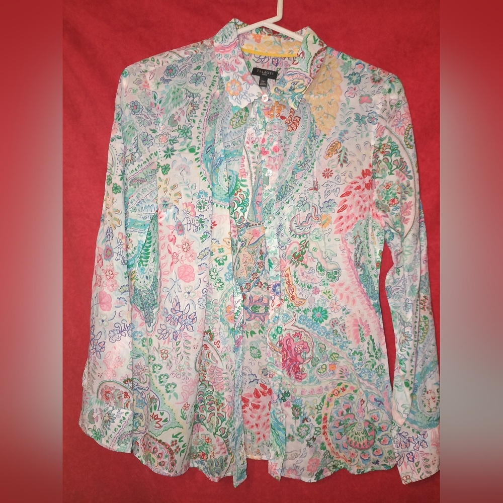 Talbots Petite Womens Size Mp Sheer Floral Print Long Sleeve Button Up Blouse